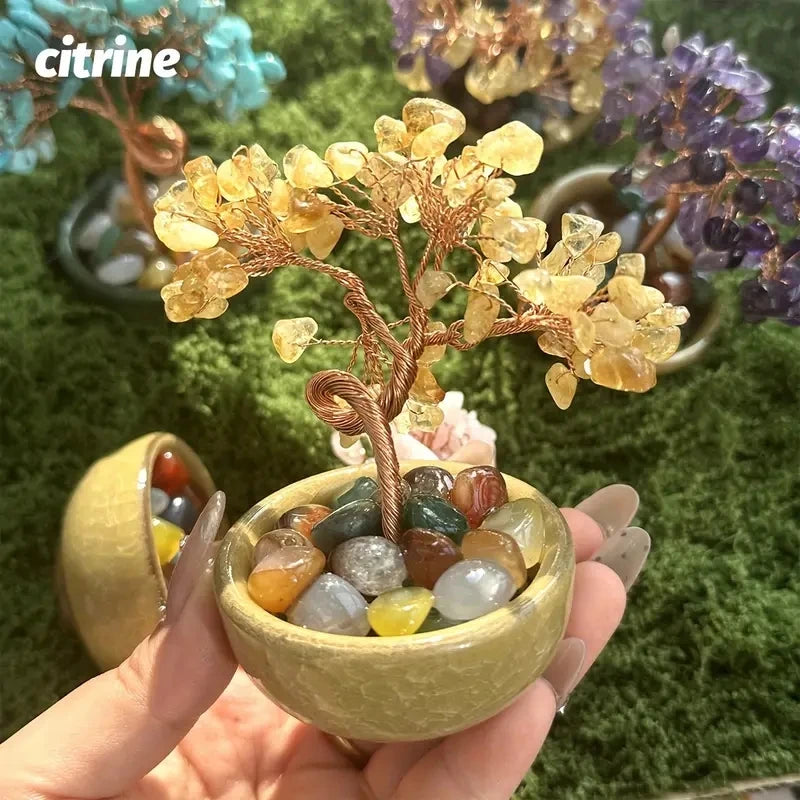 1PC Natural Crystal Tree Energy Stone Citrine Amethyst Money Tree Copper Wire Wrapped Colorful Teabowl Yoga Feng Shui Trees  (GoldenCity)