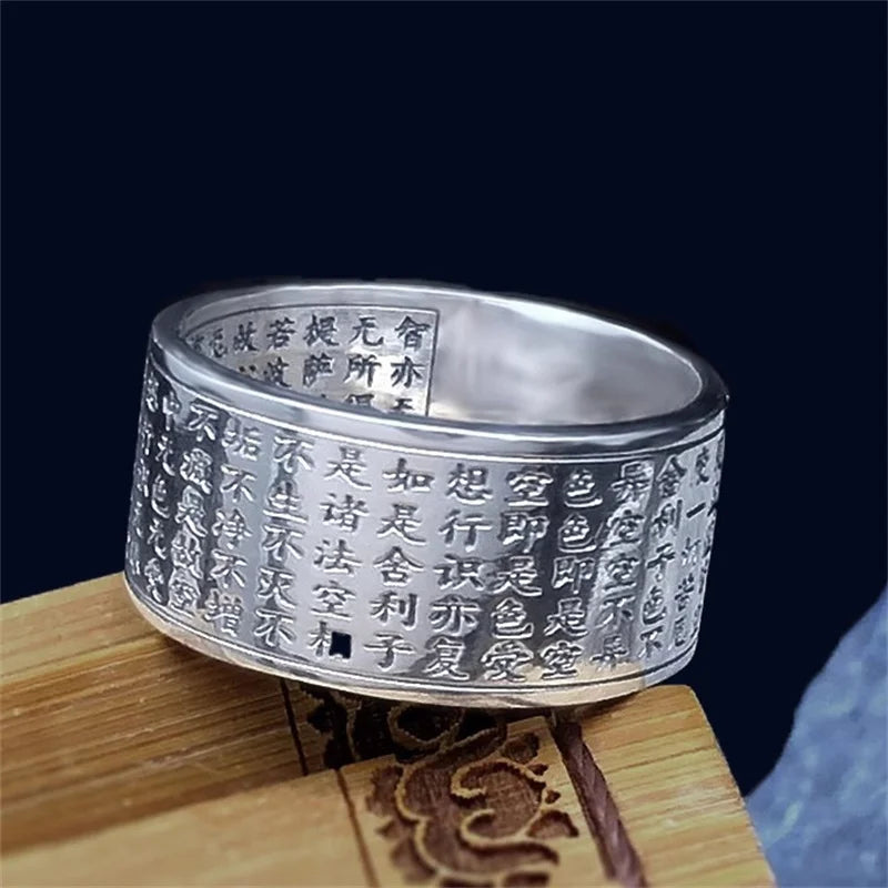 Blessing Prajnaparamita Heart Sutra Ring For Men Jewelry Ethnic Style Vintage Heart Meridian Ring Women Finger Accessories  (GoldenCity)