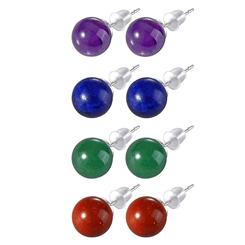 Fashion Simple Classic Natural Stone Opal Crystal Amethyst Aventurine Ball Round Bead Silver Stud Earring for Women Jewelry Gift  (GoldenCity)
