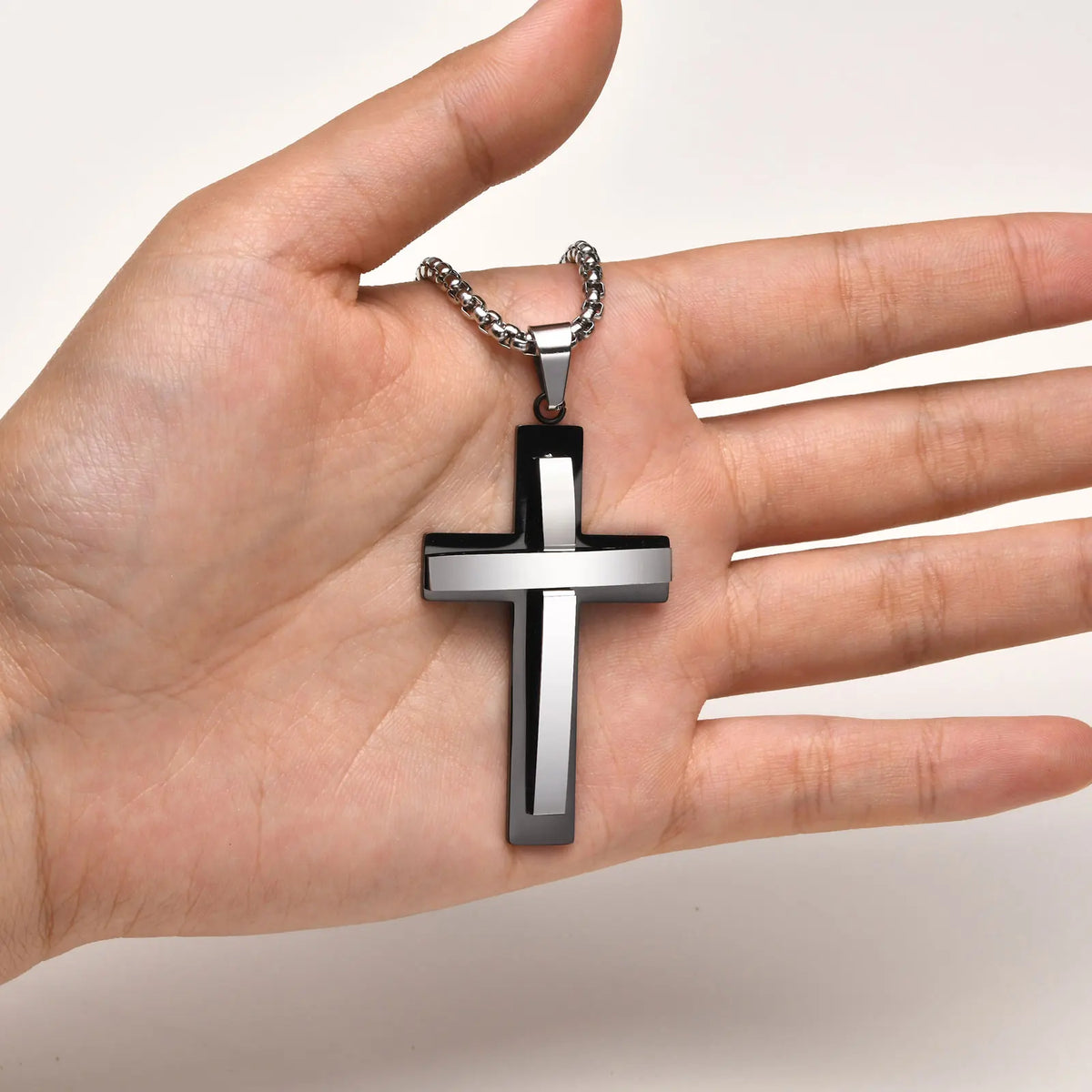 Chunky Double Layers Cross Necklaces for Men, Two Tones Cross Pendant with Box Chain, Religion Prayer Collar  (GoldenCity)