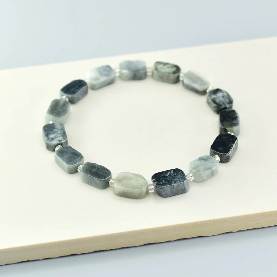 8*12MM Natural Stone Flat Rectangle Aquamarine Bracelet for Women Men Natural Crystal Purfy the Soul Jewelry Gift for Girfriend  (GoldenCity)