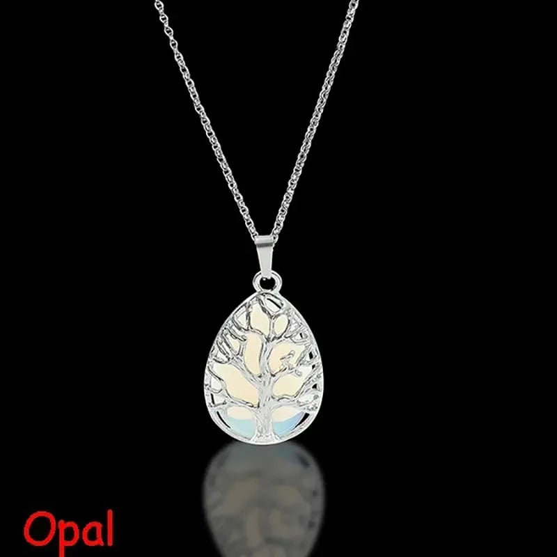 Tree of Life Natural Gemtone Crystal Amethyst Rose Quartz Tiger Eye Stone Water Drop Pendant Necklace for Women Men Jewelry  (GoldenCity)