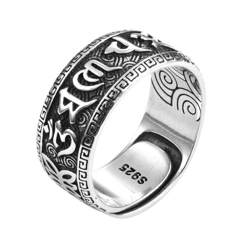 925 Silver Ring Male Finger Accessories Personality Retro Buddhist Scripture Mantra Om Mani Padme Hum Ring For Men Adjustable  (GoldenCity)