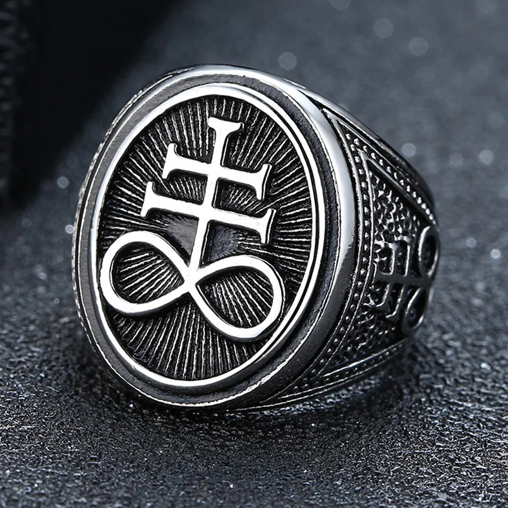 Sigil of Lucifer Devil Seal of Satan Stamp Ring for Men Casting Stainless Steel Punk Signet Ring Band  (GoldenCity)