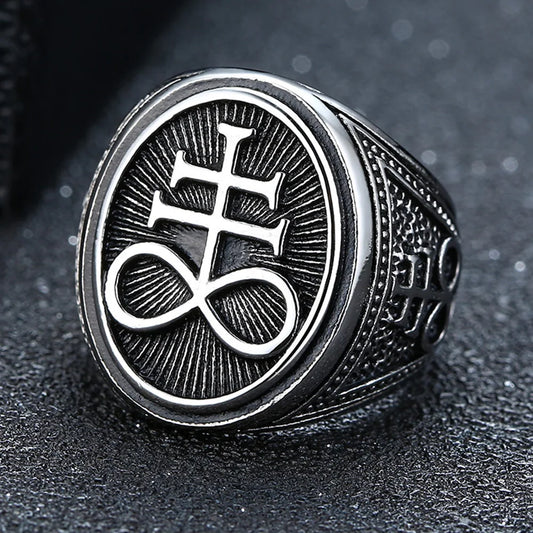 Sigil of Lucifer Devil Seal of Satan Stamp Ring for Men Casting Stainless Steel Punk Signet Ring Band  (GoldenCity)