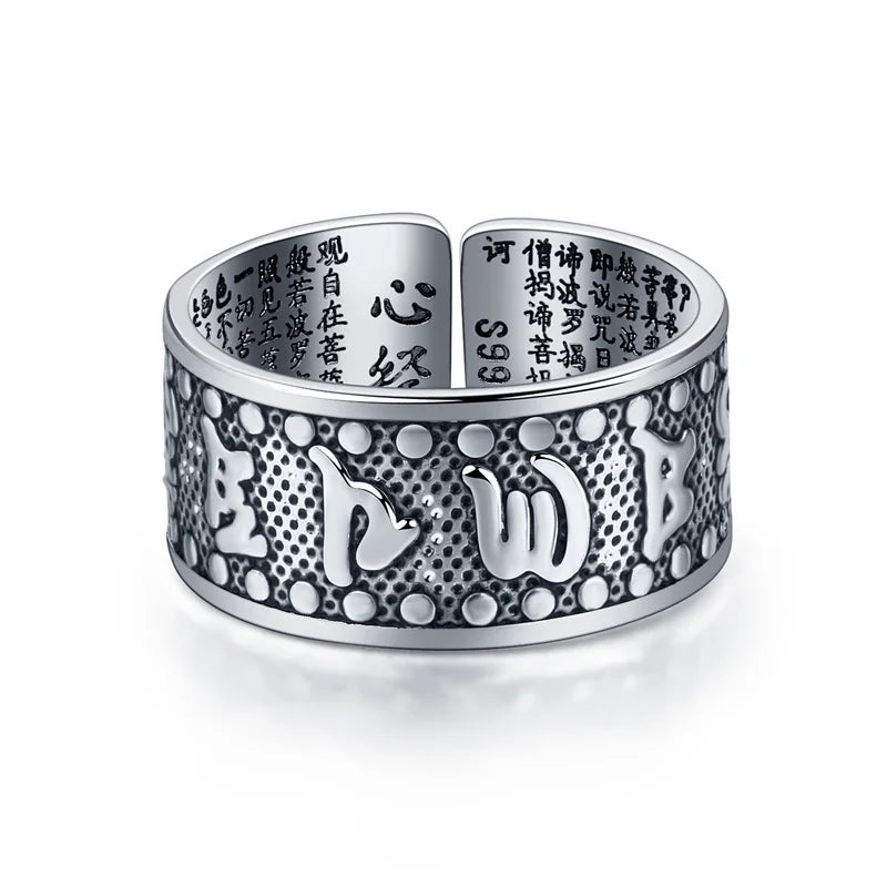 Retro Buddhism Heart Sutra Ring for Men Jewelry Wide Open Ring Male Buddha Mantra Iscripture Index Finger Accessories  (GoldenCity)