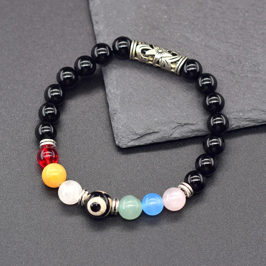 Tibetan Tianzhu Bracelet Colorful Natural Stone Beads Jewelry for Women Classic Black Obsidian Bangle Dispel Evil Spirits Gift  (GoldenCity)