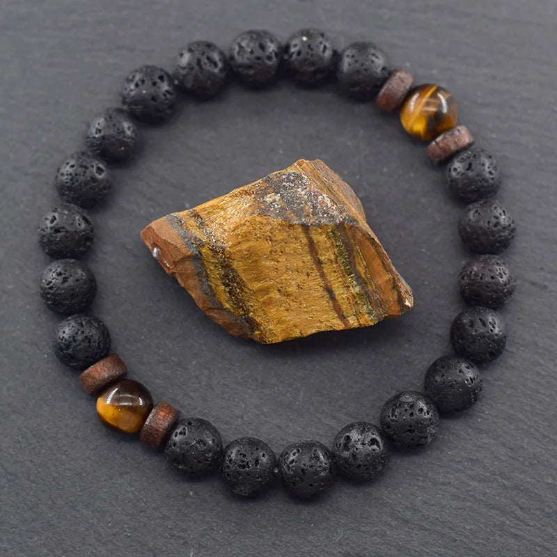 Natural Yellow Tiger Eye Bead Bracelet Men Women Black Volcanic Lava Wristband Tibetan Buddha Elastic Rope Couple Stone Bracelet  (GoldenCity)