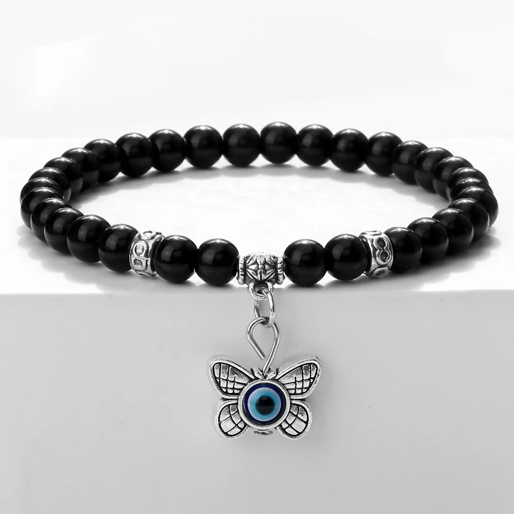 New 6MM Black Polish Beaded Bracelet Lucky Turkish Evil Eye Alloy Pendant Couple Bracelet&Bangles Chain Jewelry Gift for Friend  (GoldenCity)
