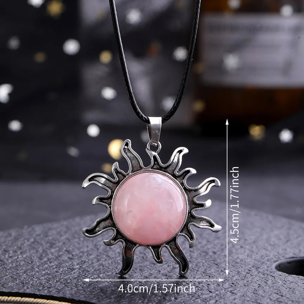 Fashion Natural Gem Stone Quartz Crystal Tiger-eye Plated Silver Alloy Sun Pendant Jewelry Making Accessories Sun Necklace Gift  (GoldenCity)
