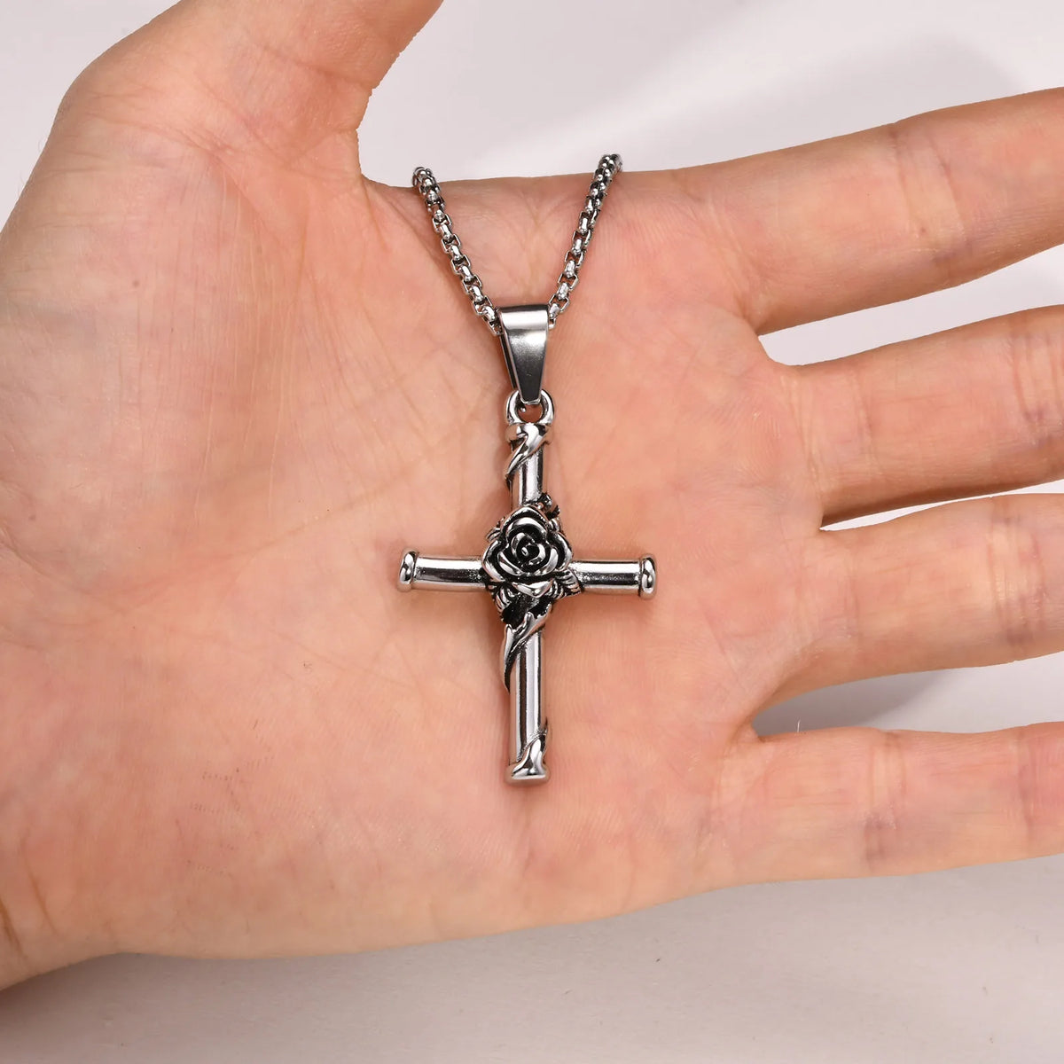 Men Cross Necklace, Stainless Steel Rose Cross Pendant with Box Chain, Unisex Cool Crucifix Jesus Faith Aesthetic Collar  (GoldenCity)