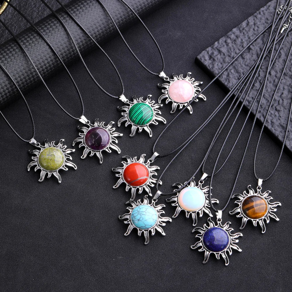 Fashion Natural Gem Stone Quartz Crystal Tiger-eye Plated Silver Alloy Sun Pendant Jewelry Making Accessories Sun Necklace Gift  (GoldenCity)