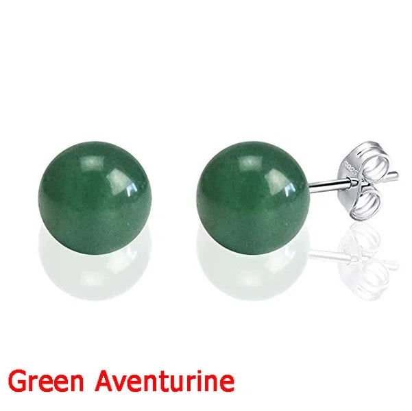 Fashion Simple Classic Natural Stone Opal Crystal Amethyst Aventurine Ball Round Bead Silver Stud Earring for Women Jewelry Gift  (GoldenCity)
