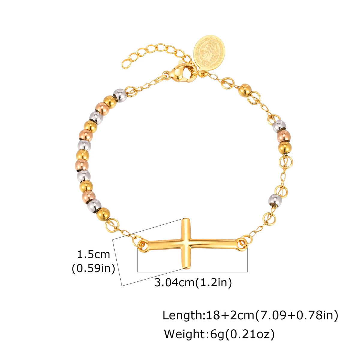 Saint Benedict Cross Bracelets,Stainless Steel Bead Chain Stretch Strand Bracelets For Women Men,Religion Jewelry Christ  (GoldenCity)