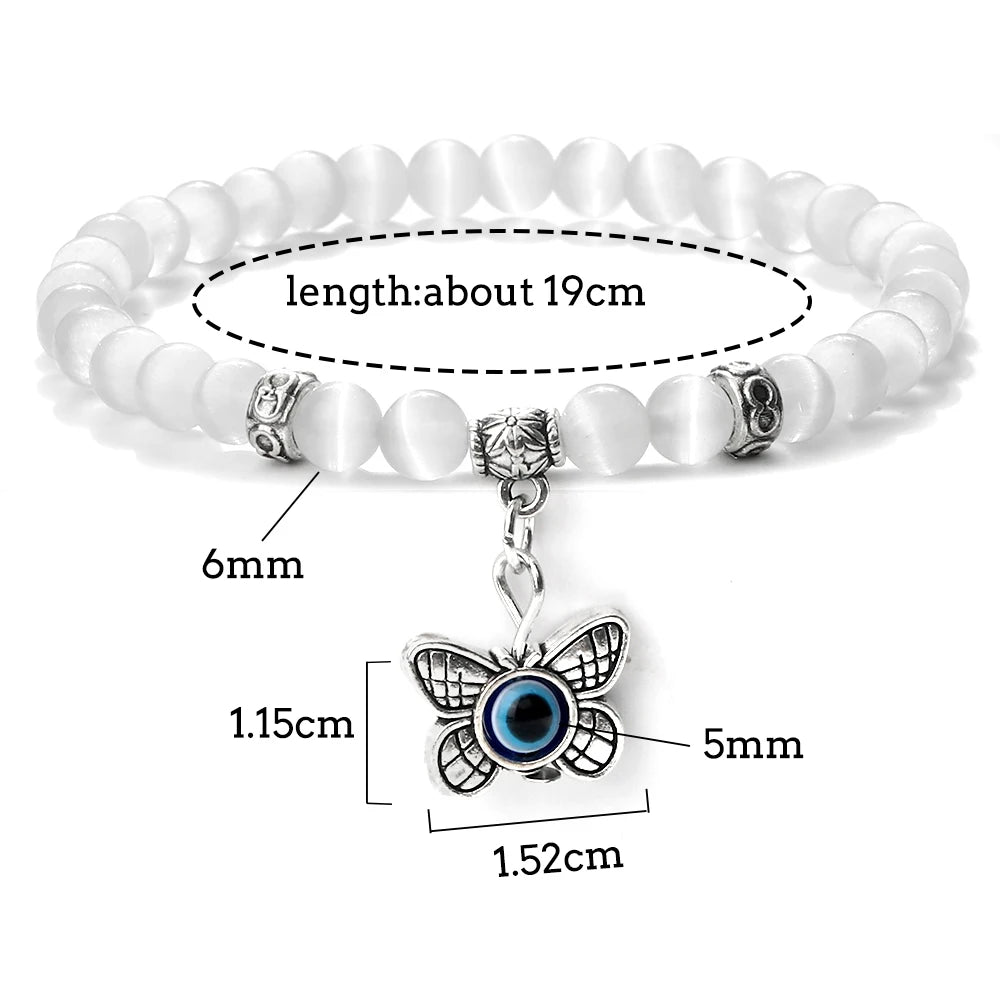 New Charm 6MM White Cat Eye Beaded Bracelet Turkish Evil Eye Butterfly Owl Turtle Pendant Bangles Chain Jewelry Gift for Friend  (GoldenCity)