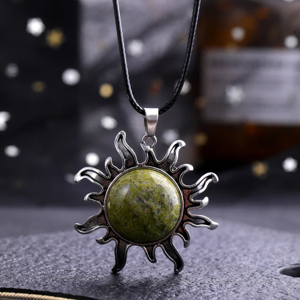 Fashion Natural Gem Stone Quartz Crystal Tiger-eye Plated Silver Alloy Sun Pendant Jewelry Making Accessories Sun Necklace Gift  (GoldenCity)