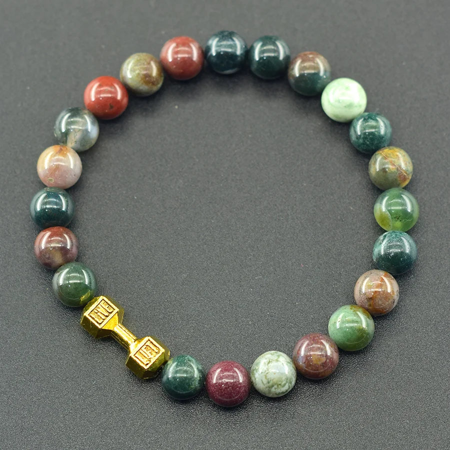 Dumbbell Barbell Shape Pendant Men's Fitness Bracelet Natural Unakite Stone Beads Bangle for Men Gym Strengthen the Muscle Gift  (GoldenCity)
