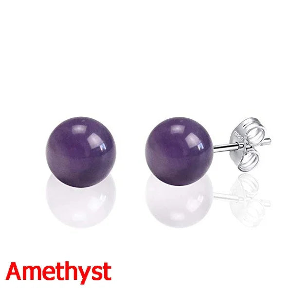 Fashion Simple Classic Natural Stone Opal Crystal Amethyst Aventurine Ball Round Bead Silver Stud Earring for Women Jewelry Gift  (GoldenCity)