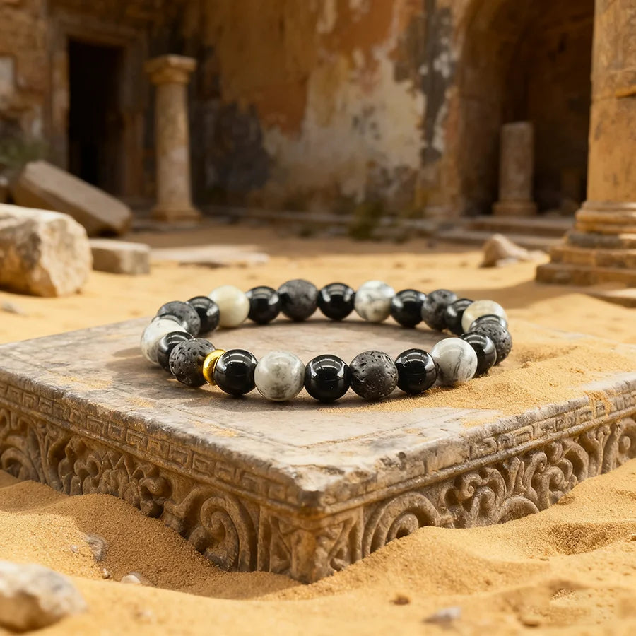 Retro Black Natural Labradorite Moonstone Bead Bracelet Homme Irregular Volcanic Onyx Stone Elastic Handmade Jewelry for Father  (GoldenCity)