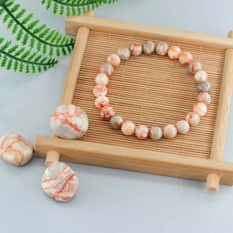 Natural Stone Round Red Spider Web Stripe Network Beads Bracelet Women Stretch Handmade Jewelry Men Red Picasso Beads Wholesale  (GoldenCity)