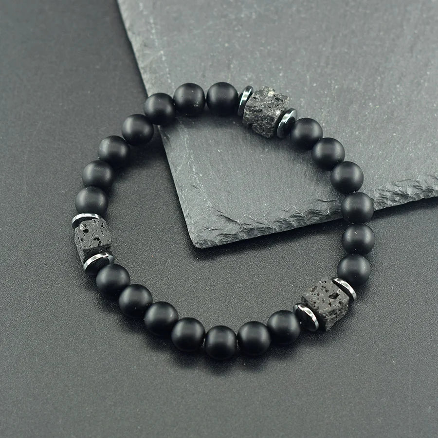 Natural Black Matte Obsidian Stone Beads Bracelet Men Women Cube Frosted Volcanic Handmade Jewelry Birthday Gift for Boyfriend  (GoldenCity)