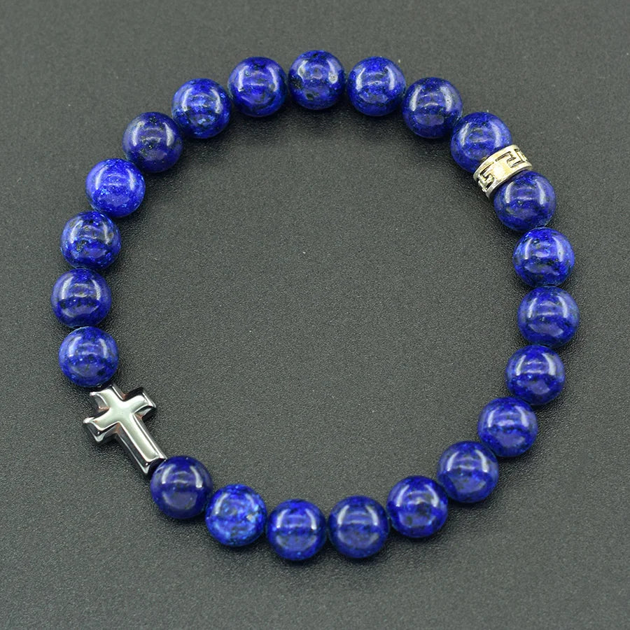 Cross Charm Natural Stone Bracelet Malachite Beaded Bracelet Handmade Men Women Prayer Fitness Chain Couple Matching Jewelry  (GoldenCity)