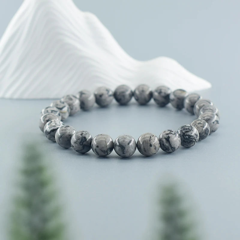 Real Natural Gray Picasso Map Stone Round Beads Stone Beads Bracelet Homme Energy Healing Jewelry for Women Yoga Meditation Gift  (GoldenCity)