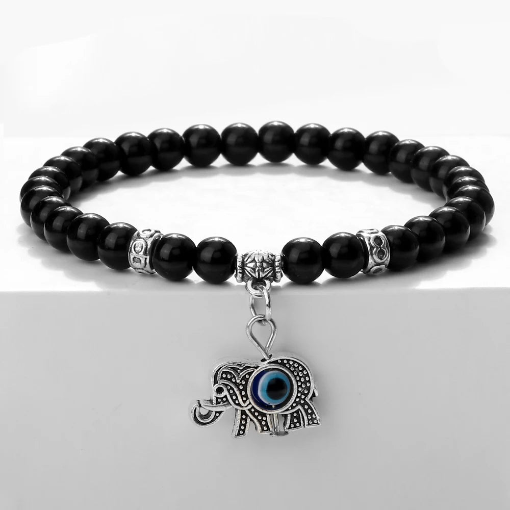 New 6MM Black Polish Beaded Bracelet Lucky Turkish Evil Eye Alloy Pendant Couple Bracelet&Bangles Chain Jewelry Gift for Friend  (GoldenCity)