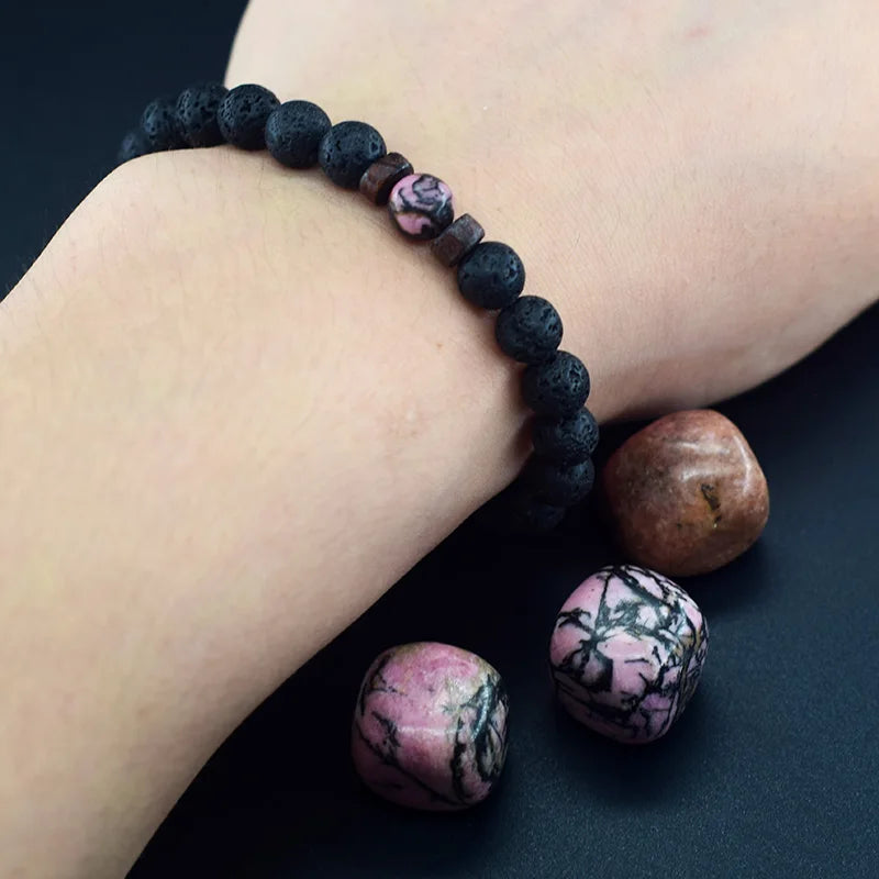 Genuine Rhodonite Beaded Bracelet Men Womne Natural Energy Volcanic Stone Beads Stretch Wrist Bracelet Yoga Healing Gem Jewelry  (GoldenCity)