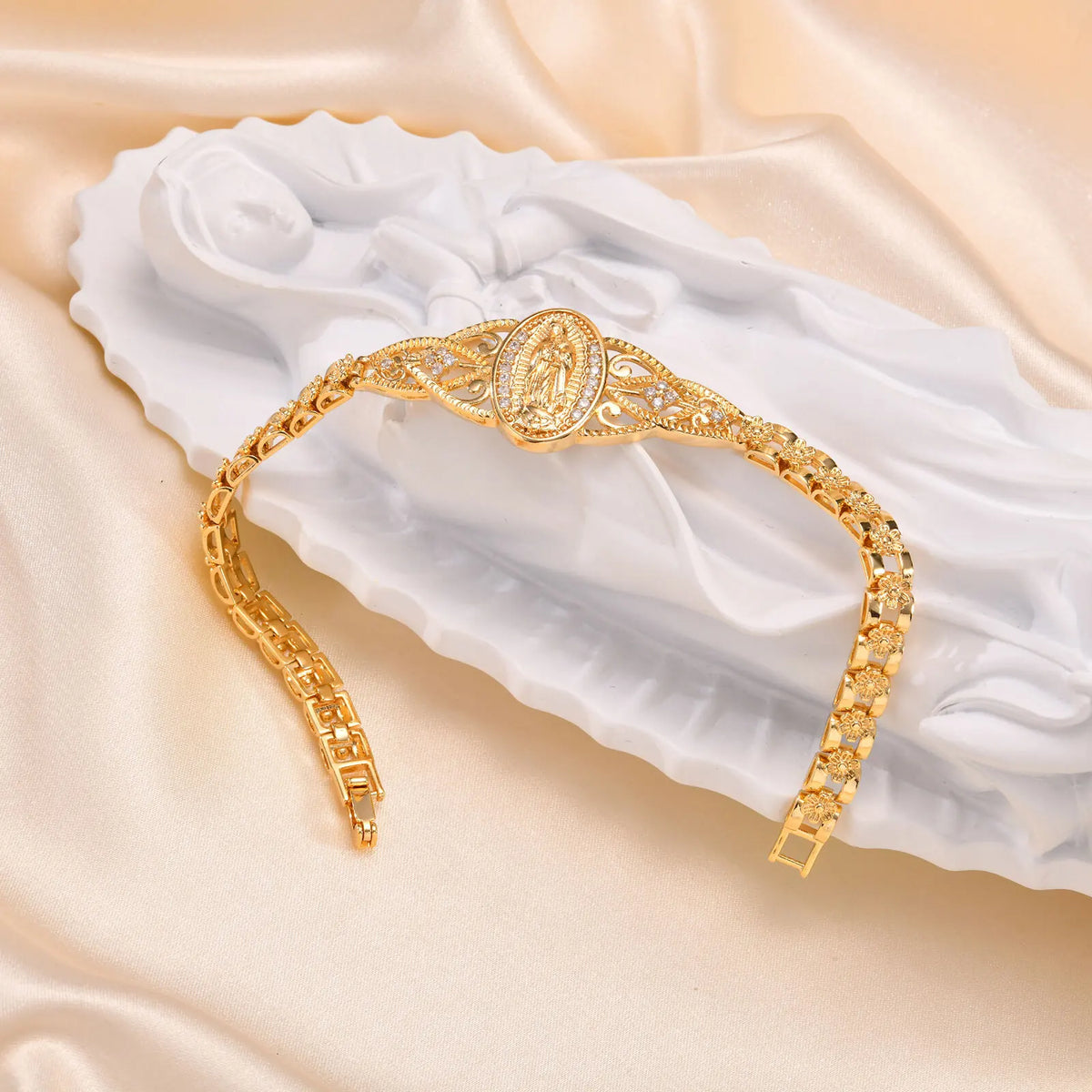 Catholic Bracelet for Women,14k Gold Plated Bracelet,Dainty Cubic Zirconia Religious Baptism Virgin Mary Bracelets Gifts  (GoldenCity)