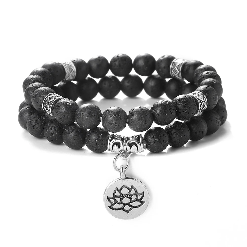 2Pcs/Set Natural Black Striped Pine Stone Bracelets Lava Bead Wristband Lotus Pendant  A Zen-inspired Healing For  Men And Women  (GoldenCity)