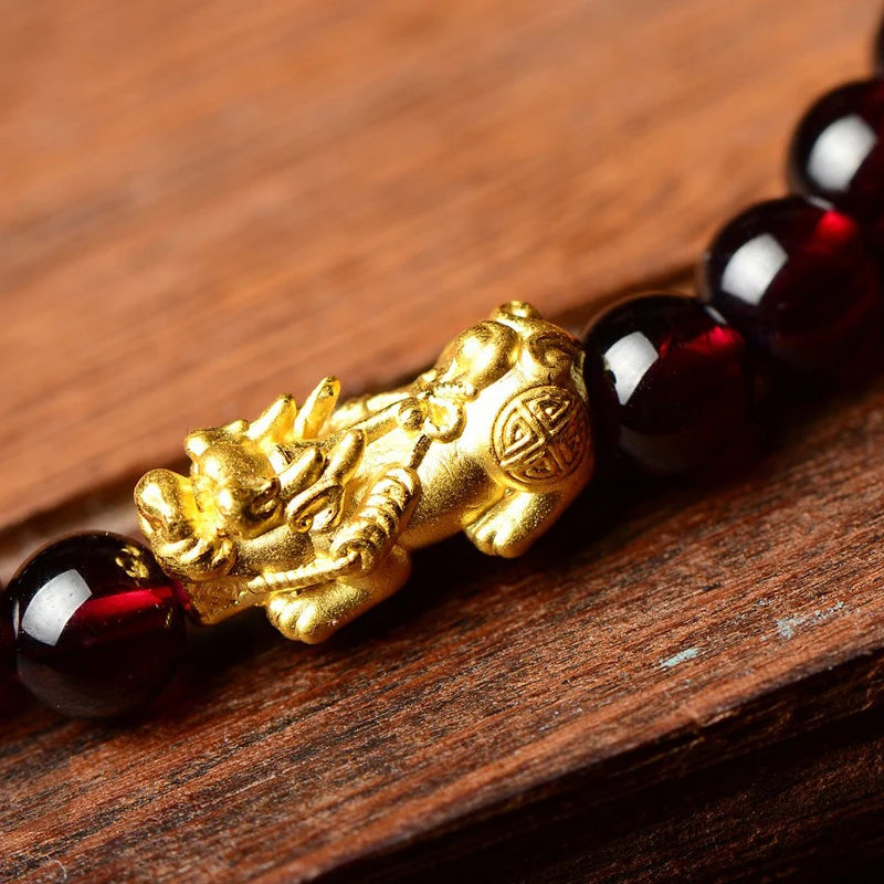 Feng Shui Obsidian Stone Beads Bracelet Men Women Wristband Gold Color Wealth and Good Luck Six Character Proverbs Bracelet  (GoldenCity)