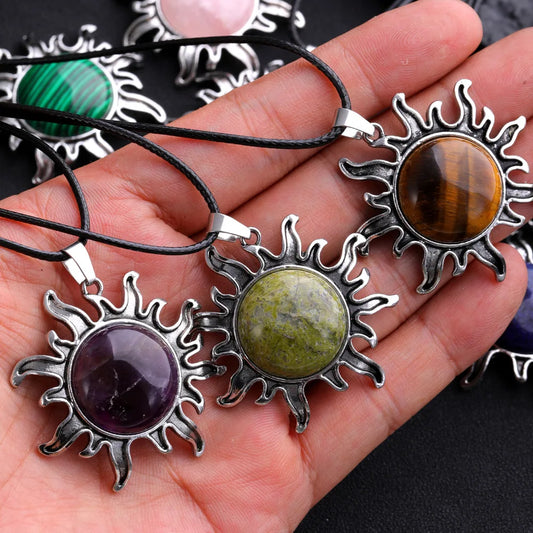 Fashion Natural Gem Stone Quartz Crystal Tiger-eye Plated Silver Alloy Sun Pendant Jewelry Making Accessories Sun Necklace Gift  (GoldenCity)