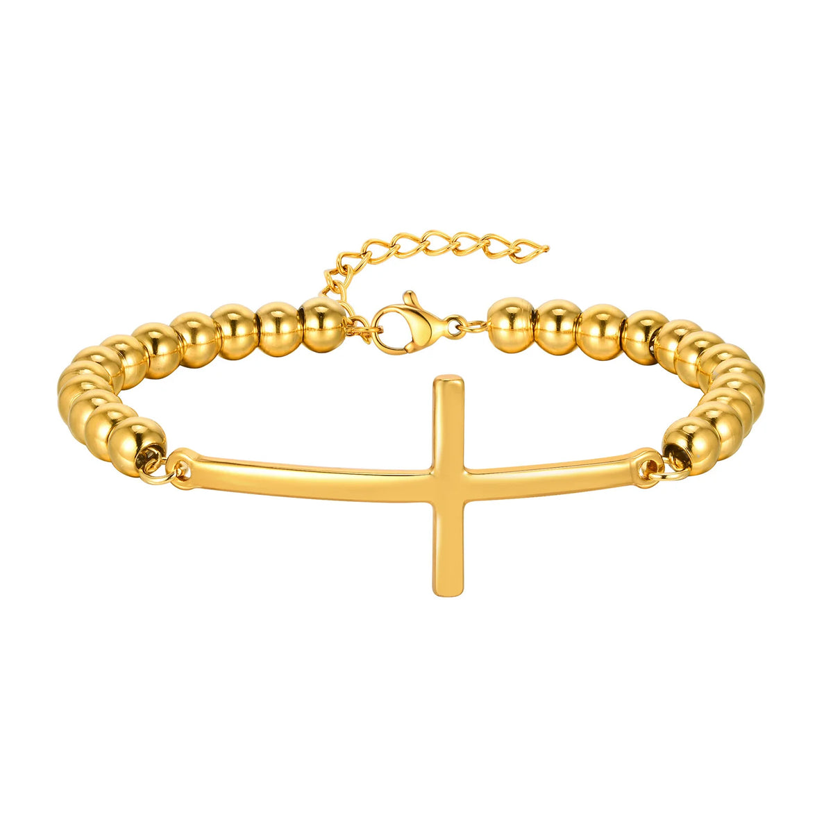Simple Big Cross Bracelets with Glossy Stainless Steel Beads Bracelets, Adjustable Beaded Chain Men Religious Faith Jewlery  (GoldenCity)