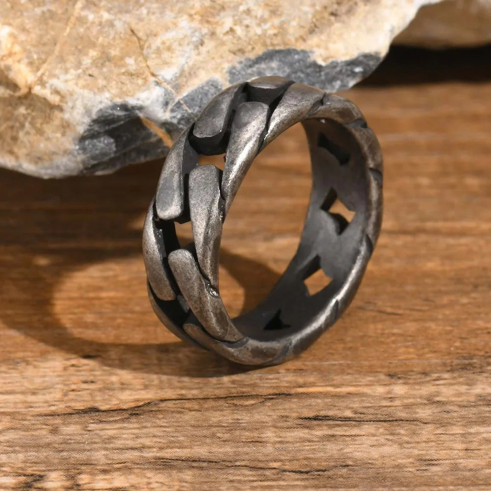 Men Vintage Oxidized Stainless Steel Rings, Links Shaped Finger Band, Punk Rock Male Alliance  (GoldenCity)