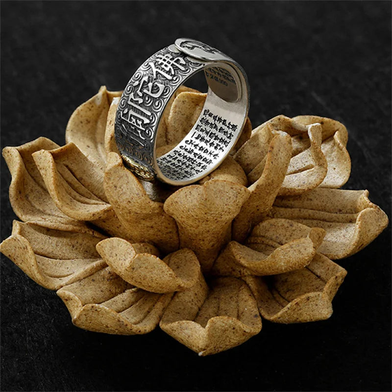 Namo Amitabha Lotus Ring For Men Jewelry Retro Dragon Buddha Buddhist Heart Sutra Ring Male Index Finger Accessories Open Size  (GoldenCity)