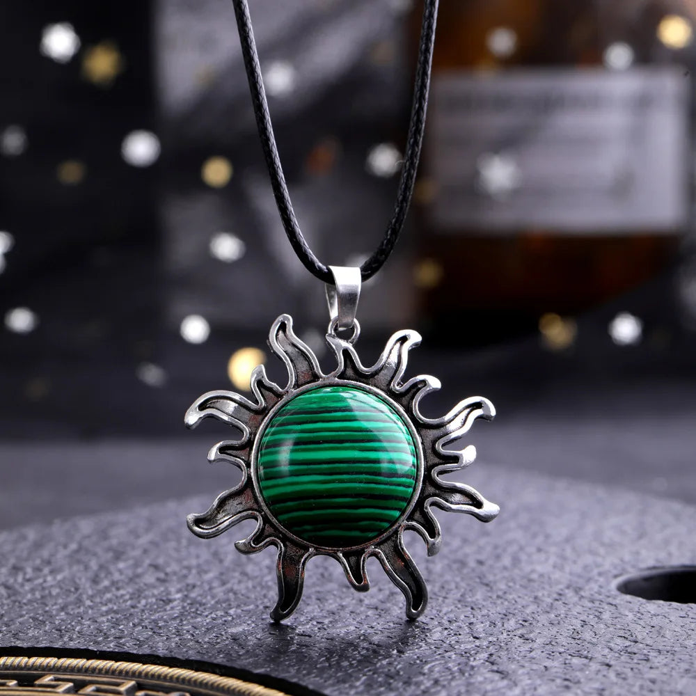 Fashion Natural Gem Stone Quartz Crystal Tiger-eye Plated Silver Alloy Sun Pendant Jewelry Making Accessories Sun Necklace Gift  (GoldenCity)