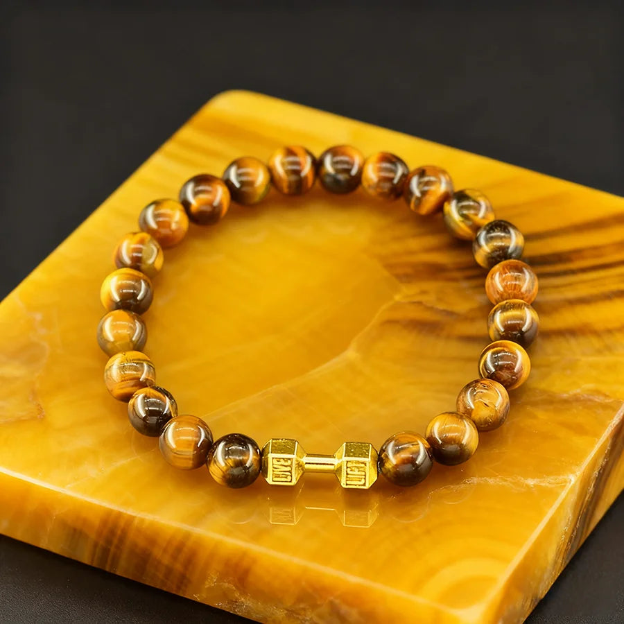 Natural Yellow Tiger Eye Stone Beads Bracelet Men Dumbbell Pendant Accessories Gym Fitness Men Jewelry Gift for Boyfriend Bangle  (GoldenCity)