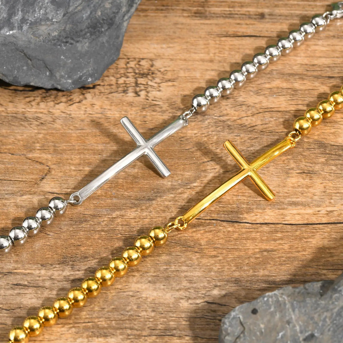 Simple Big Cross Bracelets with Glossy Stainless Steel Beads Bracelets, Adjustable Beaded Chain Men Religious Faith Jewlery  (GoldenCity)