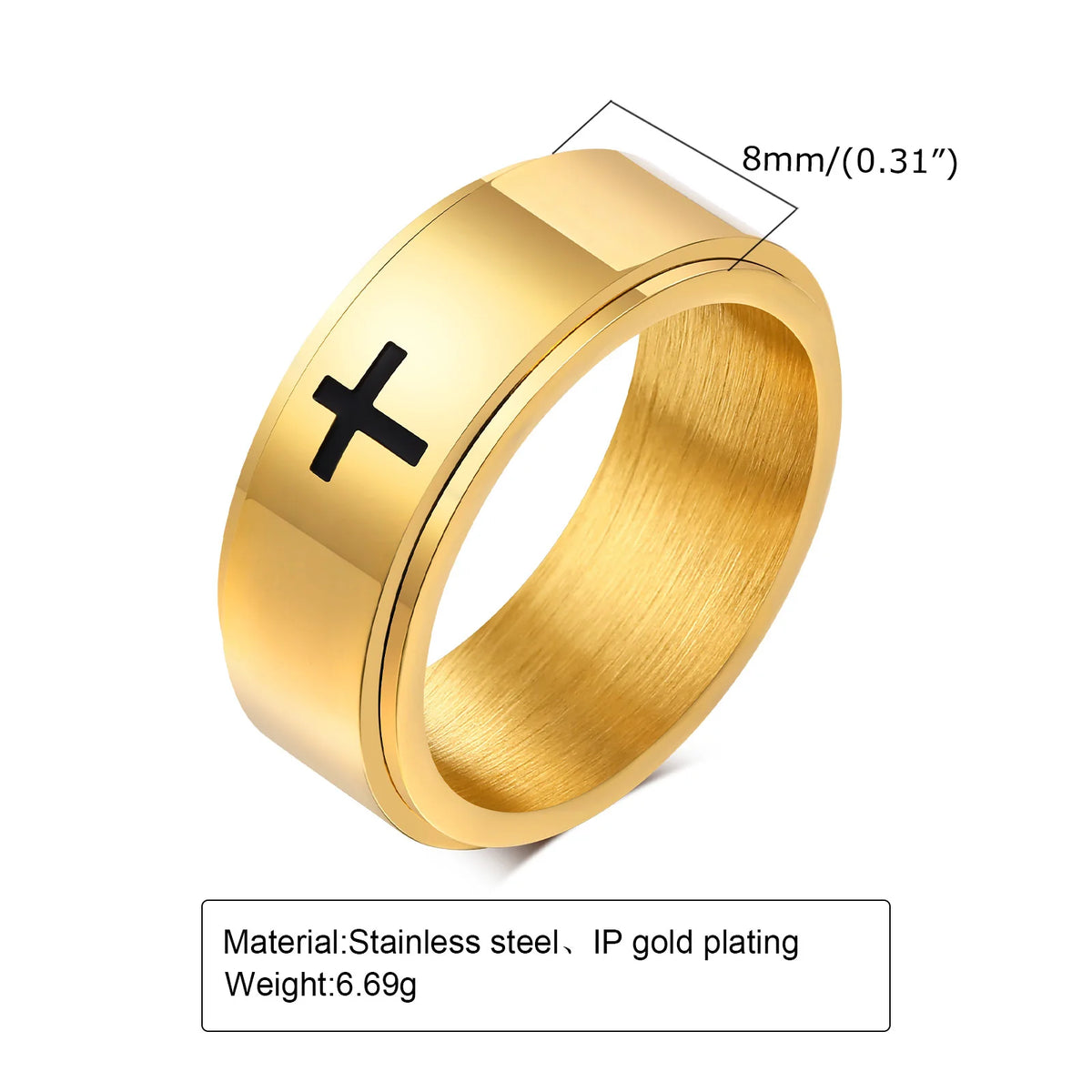 Stylish Mens Spinner Cross Ring, Gold Color Stainless Steel Rotatable Stress Release Finger Band, Christ Jesus Jewelry  (GoldenCity)