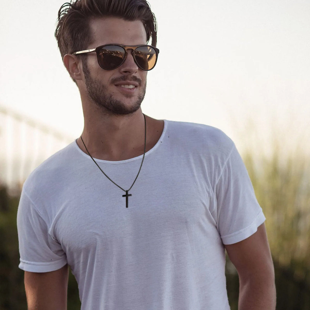 Cross Necklaces for Men Women, Simple Plain Black Silver Color Stainless Steel Thick Cross Pendant with Box Chain  (GoldenCity)