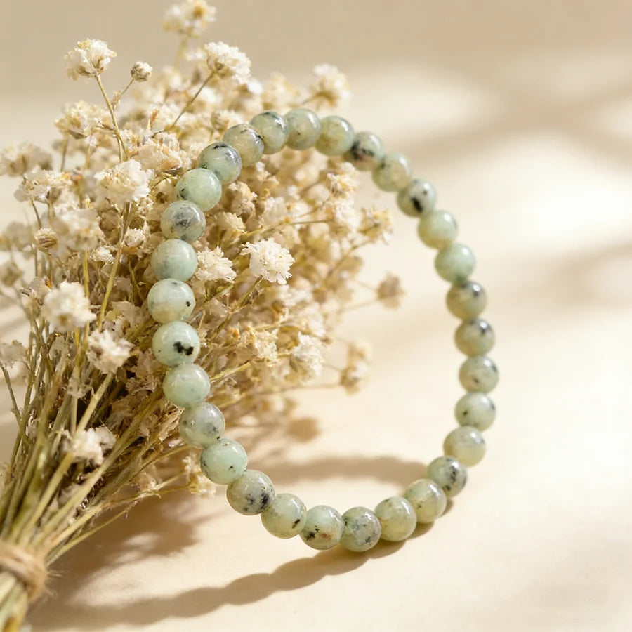 Natural Kiwi Stone Tianshan Blue Bead Bracelet Women Men Simple Elastic Rope Bracelets Yoga Healing Energy Jewelry Minimalist  (GoldenCity)