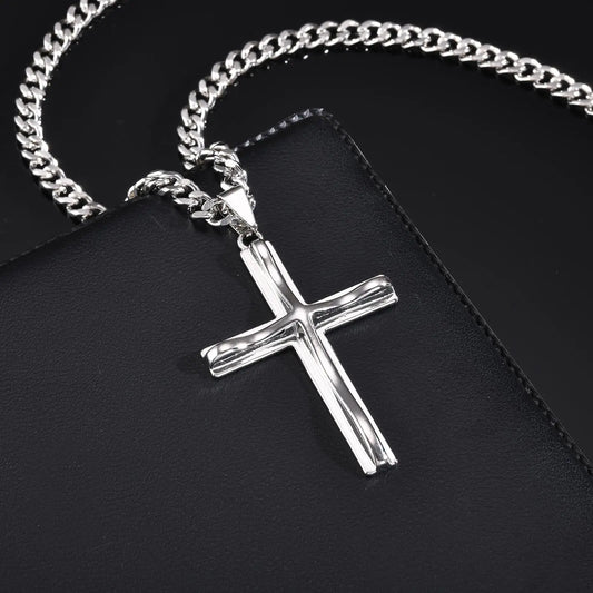 Mens Big Cross Pendant Necklaces, Religous Faith Jewelry, Two Layers Cross Pendant with Cuban Chain, Punk Hiphop Collar  (GoldenCity)