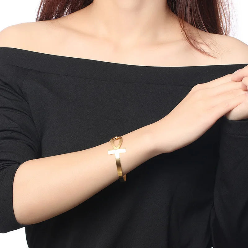 Ankh Cross Bracelet for Women Stainless Steel Key of Life Bangle Bracelet Female Egypt Religious Jewelry 2.3" Diameter  (GoldenCity)