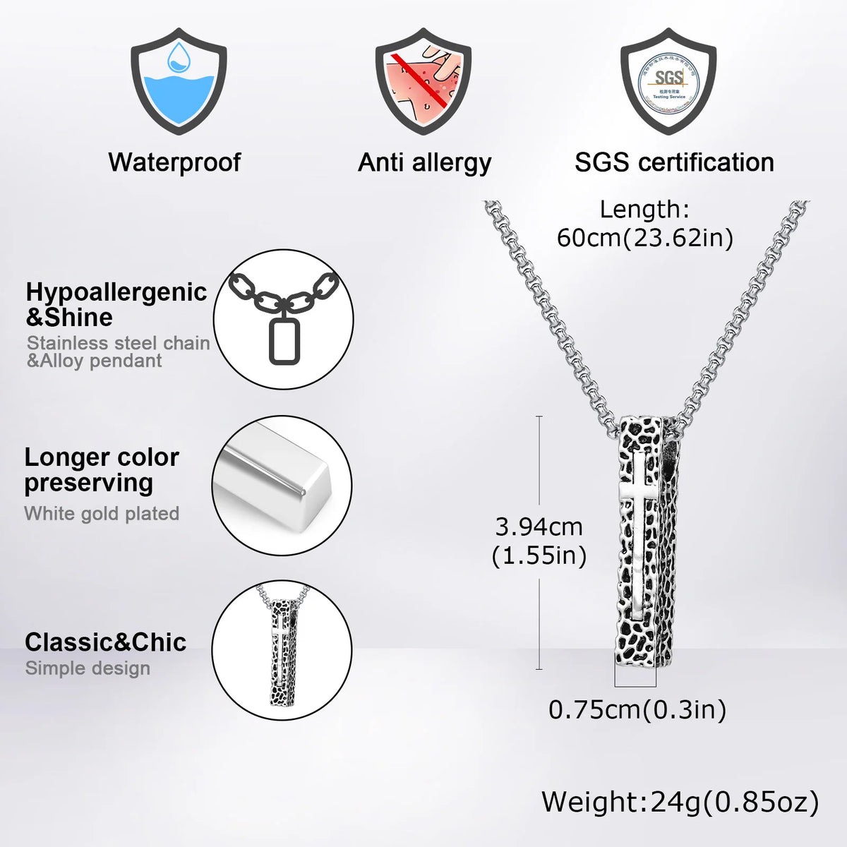 Pillar Shaped Cross Pendant Necklace, Unisex Rectangle Bar Necklaces, Cool Mens Womens Faith Jewlery Gift  (GoldenCity)