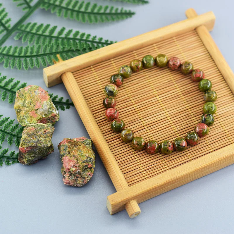 Original Natural Unakite Stone Beads Bracelet Women Men Hualubao Green Gemstone Bohemia Style Elastic Rope Bracelet Jewelry Gift  (GoldenCity)