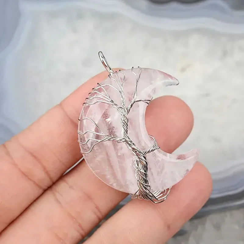Natural Crystal Pendant Wire Wrap Tree Of Life Big Moon Crescent Mineral Stone Pendulum Amethyst Quartz Necklace For Women Gift  (GoldenCity)