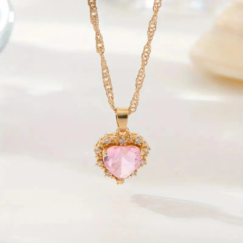Heart Copper Necklace Fashion Jewelry White Sapphire Artificial Zircon Chain Necklaces for Women Jewelry Necklace Vintage Women  (GoldenCity)
