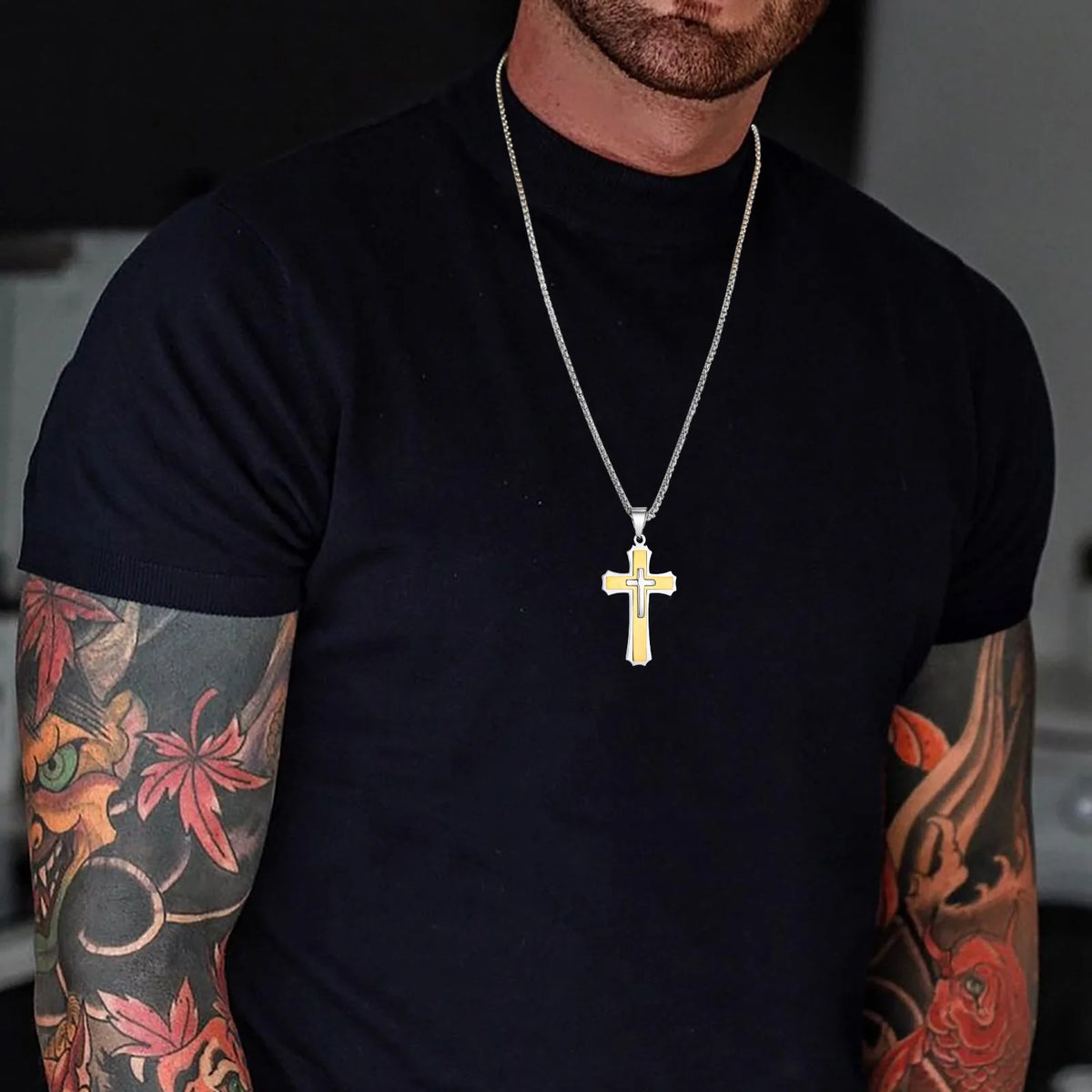 Chunky Three Layered Cross Necklaces for Men, Black Silver Color Stainless Steel Bold Faith Cross Pendant,Hip Hop Necklace  (GoldenCity)