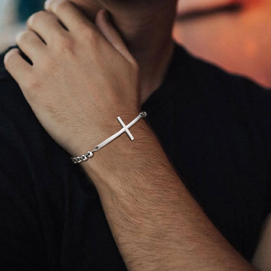 Simple Big Cross Bracelets with Glossy Stainless Steel Beads Bracelets, Adjustable Beaded Chain Men Religious Faith Jewlery  (GoldenCity)